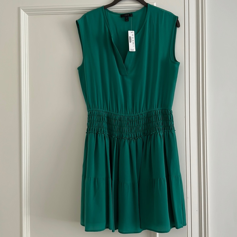 J. Crew emerald silk dress.